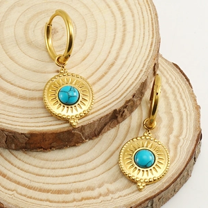 Vintage gold stainless steel earrings with sunburst blue turquoise stone charms