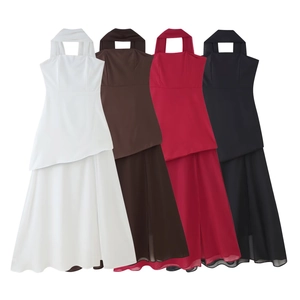 Chic backless halter neck mesh patchwork dress with irregular layered hem in four colors