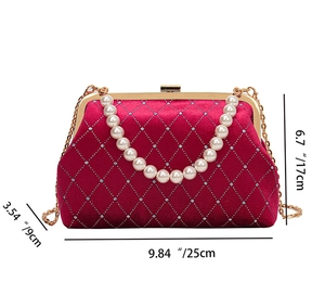 Deep red velvet evening bag dimensions with pearl handle and golden chain details