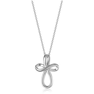 Minimalist silver infinity cross pendant necklace for women on a white background