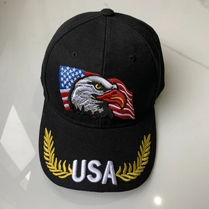 Detalle de gorra de béisbol USA con cabeza de águila bordada y bandera de EE. UU.