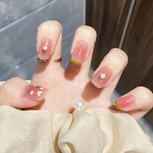 Tulip Floral Press On Nails Pink Gradient French Style Blush Smudge Artificial Fake Nail Patches DIY Manicure