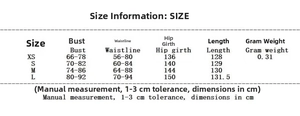 Detailed size guide table for tie-dye print dress showing bust, waist, and length measurements