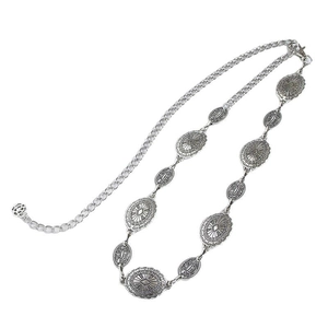 Bohemian silver metal chain belt with vintage embossed oval plates and lobster clasp