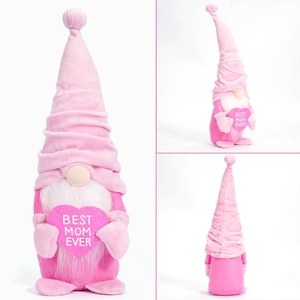 Detail view of pink Mother's Day gnome ornament with BEST MOM EVER heart embroidery