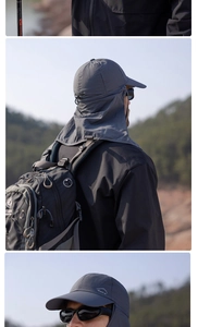 Detail of dark grey sun hat with neck flap made of breathable quick-dry fabric for outdoor