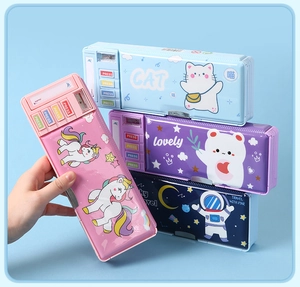 Detail view of large capacity kids pencil cases with mechanical buttons and cute designs