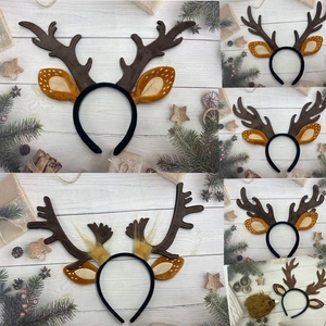 Close-up of brown plush reindeer antlers and white spotted ears on a headband with festive decor