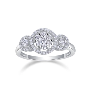 Macro detail of a 925 sterling silver ring with triple cluster moissanite stones