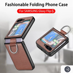 Brown litchi leather case for Samsung Galaxy Z Flip 6 with metal ring holder and hinge