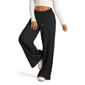 Detailed view of women's black wide-leg casual pants with drawstring elastic waistband