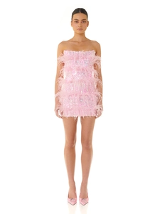 Close-up of pink sequins and ostrich feather trim on the elegant strapless mini dress