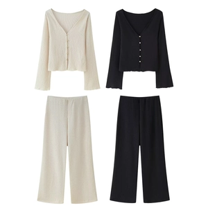 Women Textured V-Neck Golden Button Long Sleeve Top And Wide Leg Pants Casual Street Style Fashion