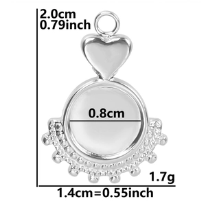 Detail view of heart pendant with 8mm round base for DIY stainless steel necklace