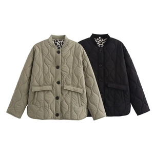 Detail of wave-quilted jackets in army green and black with stylish leopard print lining