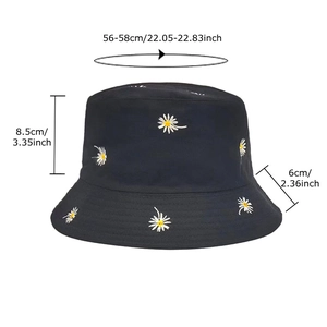 Daisy embroidered black bucket hat with size chart showing 56-58cm head circumference