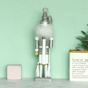 Silver glitter 40cm King Nutcracker figurine with white feather collar for Christmas decor