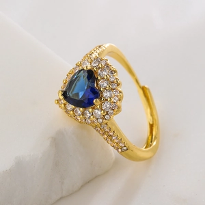 Luxurious 18K gold plated heart ring with deep blue zircon and adjustable open band
