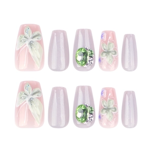 3D floral cat eye press-on nails set with pink butterflies and luxury green rhinestones