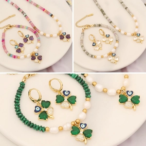 Necklace Bracelet Earrings Jewelry Copper Natural Stone Artificial Pearl Four Leaf Clover Evil Eye Zircon Elegant Fashion Women