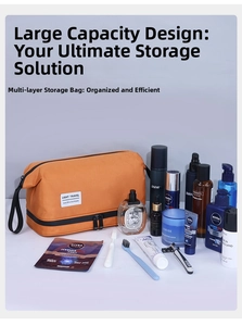 Detail view of orange double-layer travel toiletry bag with dry-wet separation feature