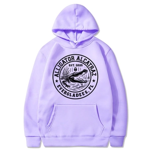 Men's lavender hoodie with retro alligator print and front kangaroo pocket on white background