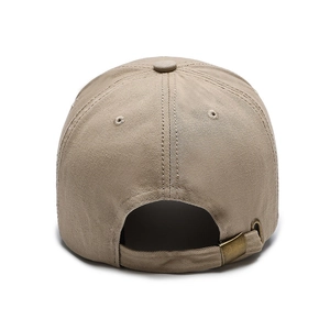 Back view of khaki distressed denim baseball cap showing adjustable bronze metal buckle
