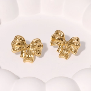 Stainless Steel Bow Stud Earrings 18K Gold Plated French Minimalist Niche Style High-End Glossy Jewelry For Women