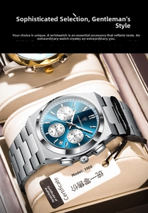 Detail of steel chronograph watch with deep blue sunray dial in a leather gift box