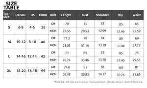 Detailed size chart for Y2K yoga bodysuit including measurements for S, M, L, XL sizes