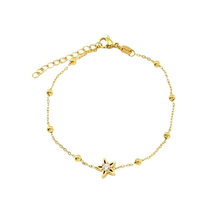 Gold stainless steel bracelet with star pendant, cubic zirconia, and round bead accents