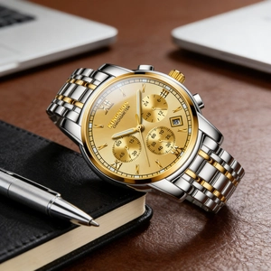 Detailed close-up view of luxury men's two-tone stainless steel chronograph watch with date window
