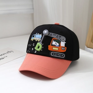Detailed view of kids baseball cap featuring 3D cartoon crane patches and color block brim