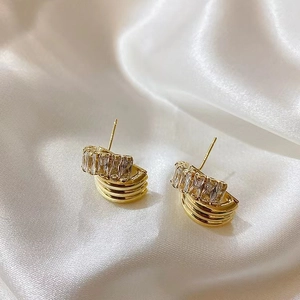 Gold Plated Alloy Hoop Earrings With Rectangular Zircon Vintage Elegant French Style Jewelry For Women