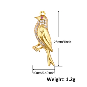 Gold plated bird pendant with pink and clear crystals, 26mm size with dimensions shown