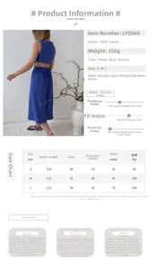Size chart for double-layer cotton backless maxi dress in blue, white and apricot