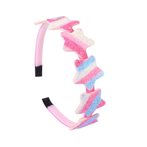 Detail of pink children's headband with glitter striped stars in pink and blue