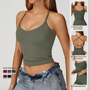Canotta yoga verde militare con spalline incrociate e imbottitura rimovibile