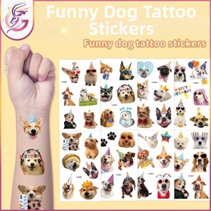 Detailed view of temporary dog tattoo stickers applied on arm with festive party designs