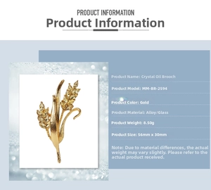 Detailed wheat brooch specs showing 56mm size and gold alloy materials with crystal