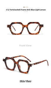 Detail of tortoiseshell geometric sunglasses with blue light blocking lenses and metal hinges