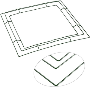 Detail of square green metal wreath frame featuring double-wire reinforced construction