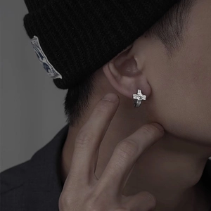 Hip hop silver cross earrings with zircon micro-inlays for men, stylish ear buckles