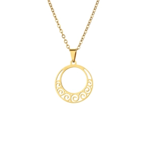 Polished gold stainless steel hollow geometric wavy round pendant necklace for unisex