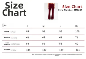 Detailed size chart for women's yoga pants showing waist, hip, and length measurements
