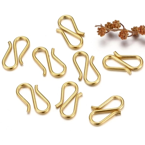 Eight gold-colored stainless steel S-hooks for jewelry making with floral accent
