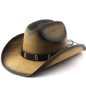 Chapeau de cow-boy classique en paille avec dégradé brun et boucle en métal sur cuir