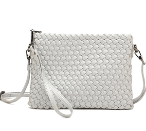 Detailed close-up of premium white woven leather texture and dark gunmetal hardware