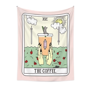 Bohemian Tarot Coffee tapestry wall hanging with cute cat and sun art for room decor