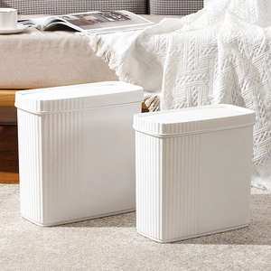 Narrow Slim Trash Can PP Plastic Press Lid Garbage Bin For Bathroom Kitchen Modern Minimalist Stripe Texture White